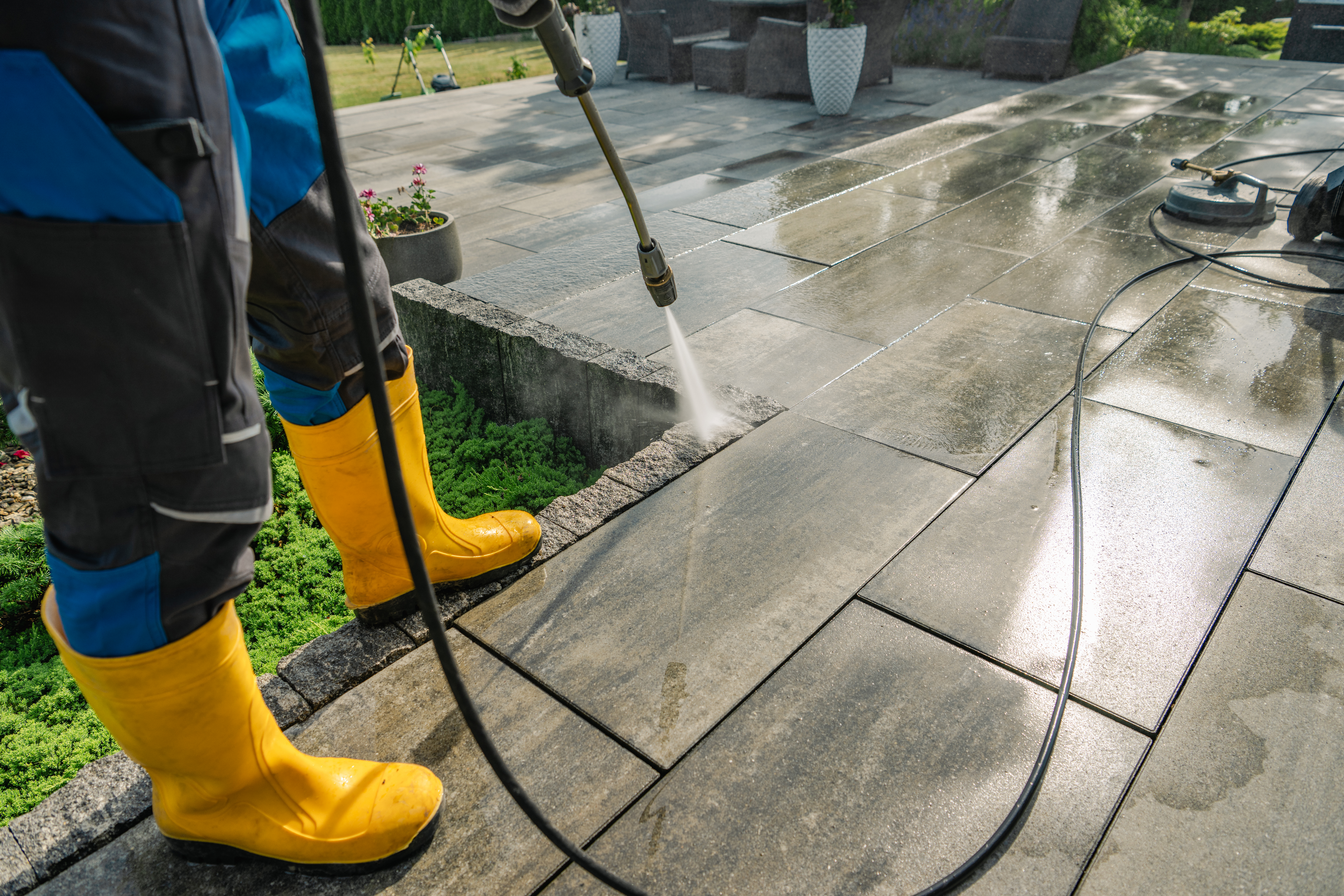 Man power washing a patio on a sunny day